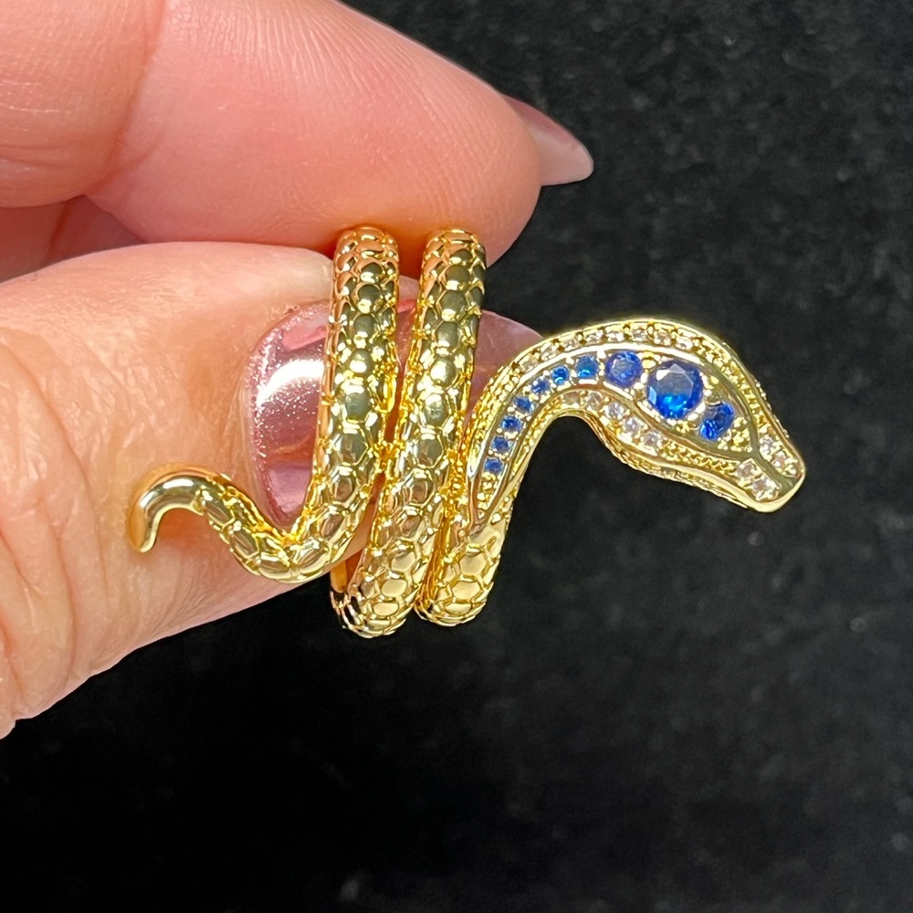 Cute blue and green SNAKE ring with GEM eyes-gold over brass